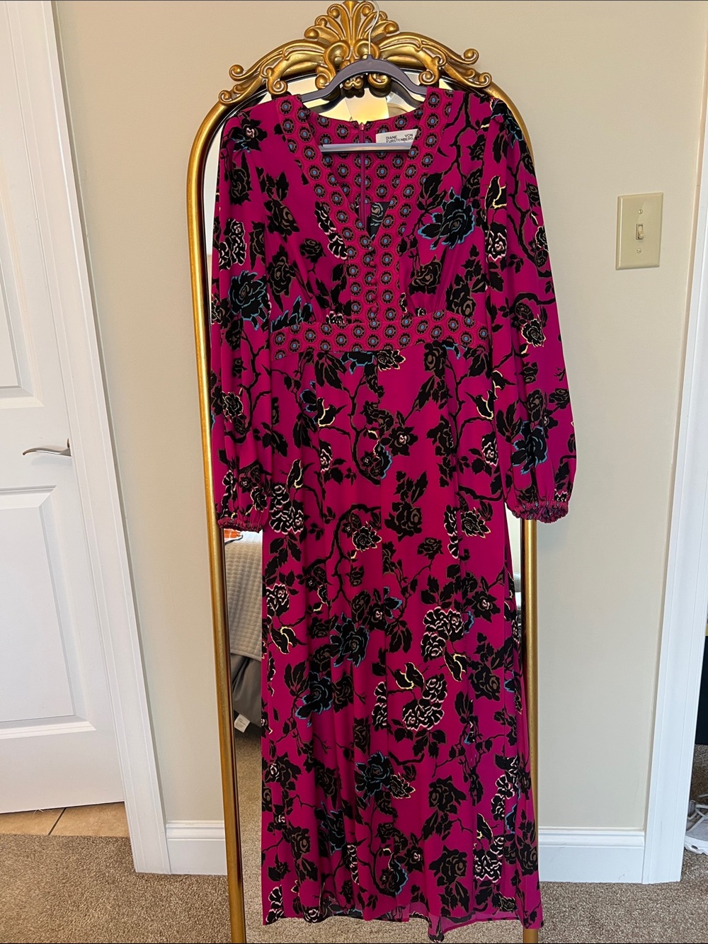 Diane Von Furstenberg Fuchsia Floral Long Sleeve Maxi Dress